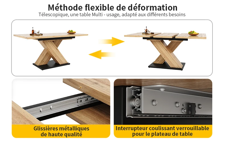 Table de salle à manger extensible effet bois naturel, pieds croisé, 6-8 personnes 119-158,5cm CLIFFPOND