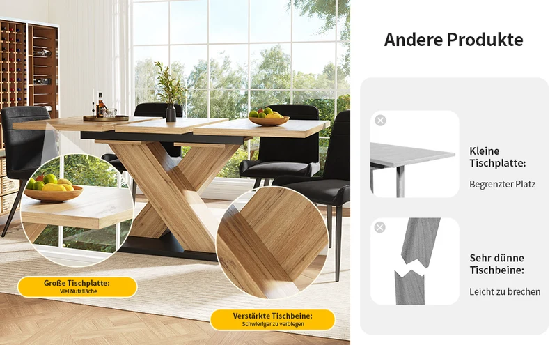 Table de salle à manger extensible effet bois naturel, pieds croisé, 6-8 personnes 119-158,5cm CLIFFPOND