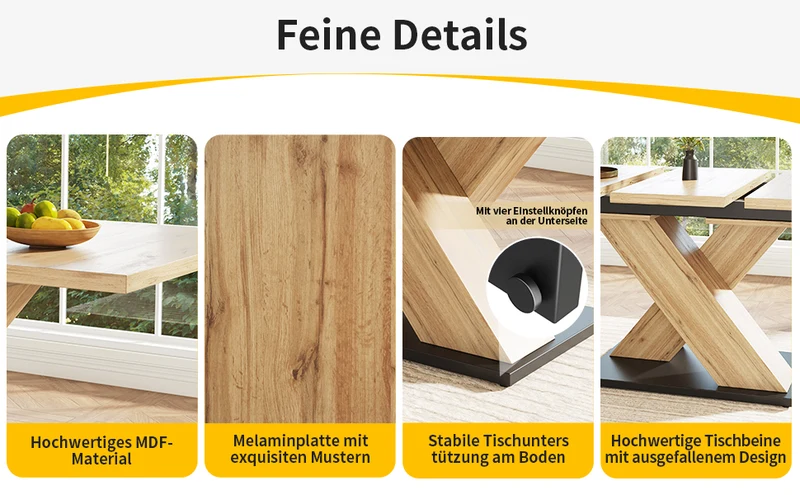Table de salle à manger extensible effet bois naturel, pieds croisé, 6-8 personnes 119-158,5cm CLIFFPOND