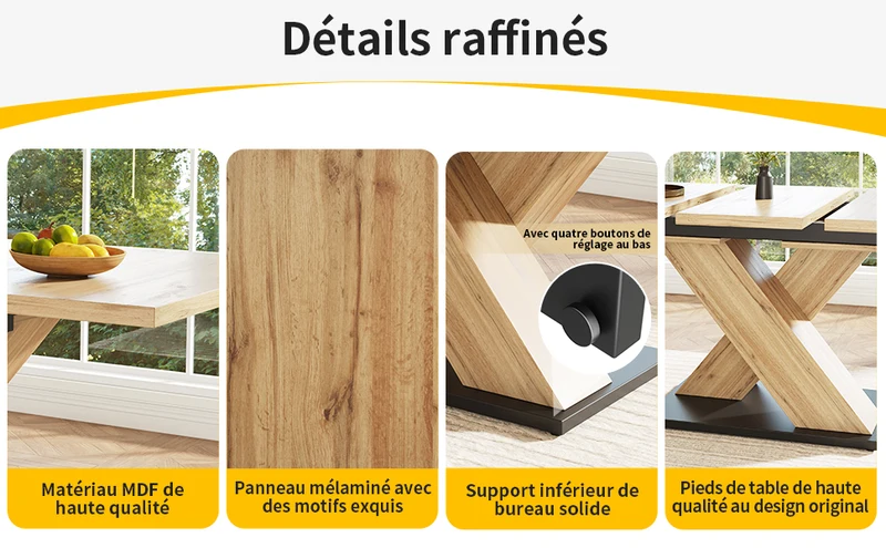 Table de salle à manger extensible effet bois naturel, pieds croisé, 6-8 personnes 119-158,5cm CLIFFPOND