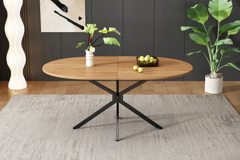 Table de salle à manger ovale effet bois, pieds en métal, 4-6 personnes 120x80cm TERRAENO