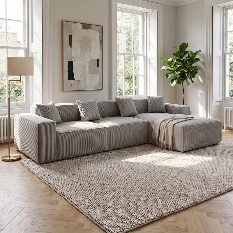 Canapé d'angle modulable convertible tissu côtelé gris, sans montage BRONZEBLUFF