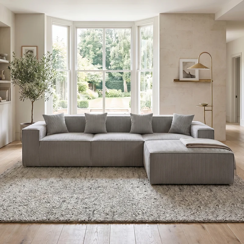 Canapé d'angle modulable convertible tissu côtelé gris, sans montage BRONZEBLUFF