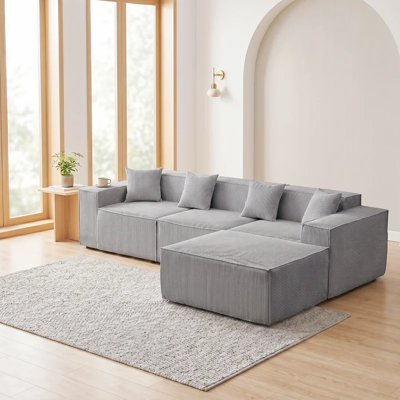Canapé d'angle modulable convertible tissu côtelé gris, sans montage BRONZEBLUFF