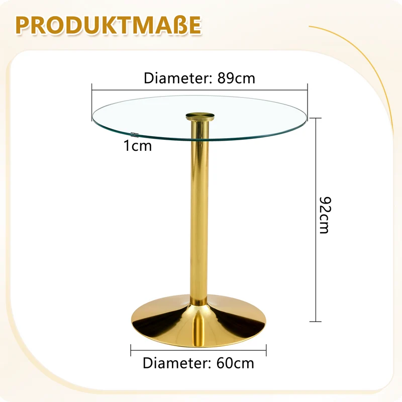 Table de bar ronde en verre trempé base doré, mange debout, 89x89x92cm ALUMINUMOTTOMAN