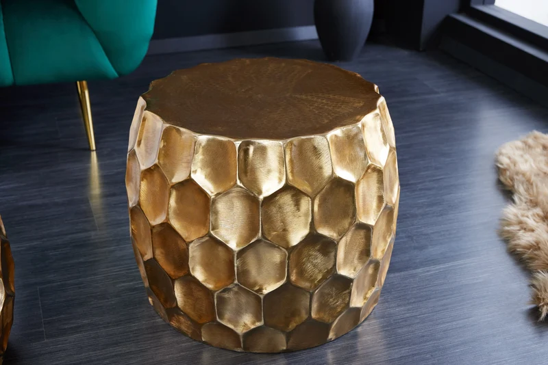 Table d'appoint design ORGANIC ORIENT 55cm table de chevet ronde en métal doré martelé fait main