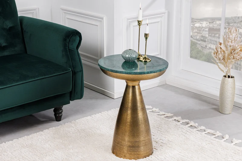 Table d'appoint ronde ELEMENTS 60 cm en marbre vert doré faite main