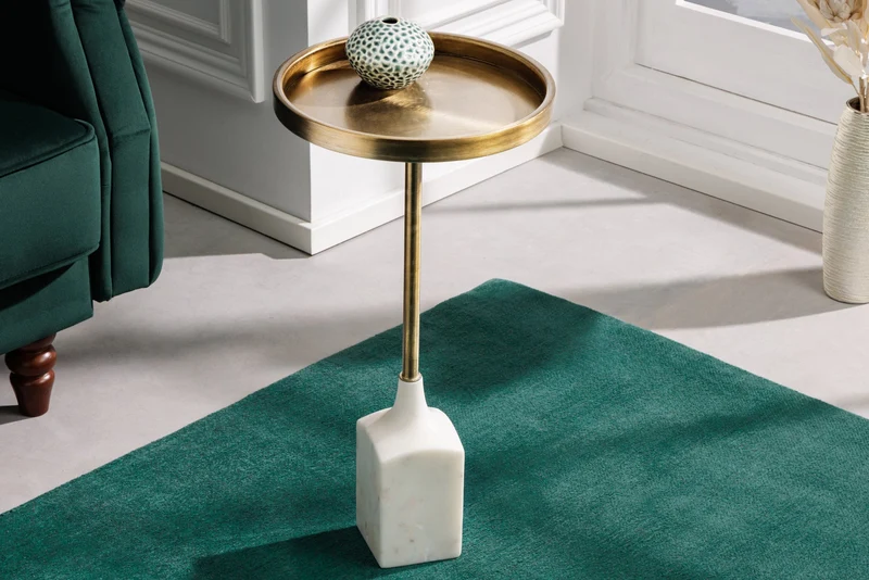 Table d'appoint design TRAYFUL 60cm base marbre blanc doré antique fait main ronde