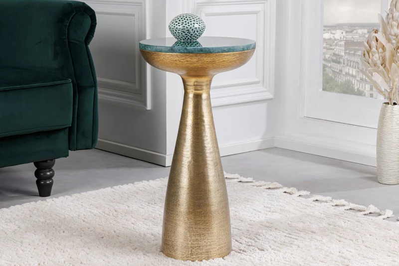 Table d'appoint ronde ELEMENTS 55 cm en marbre vert doré faite main