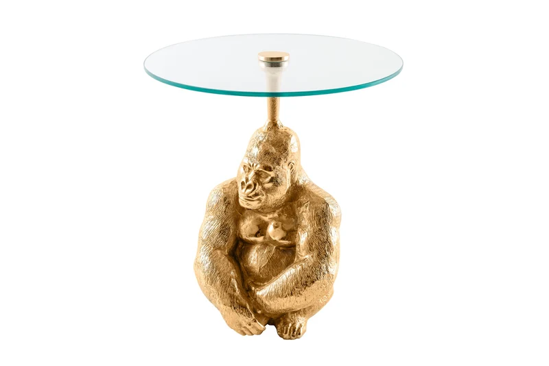 Table d'appoint ronde KONG 50cm métal doré verre figurine singe sculpture gorille