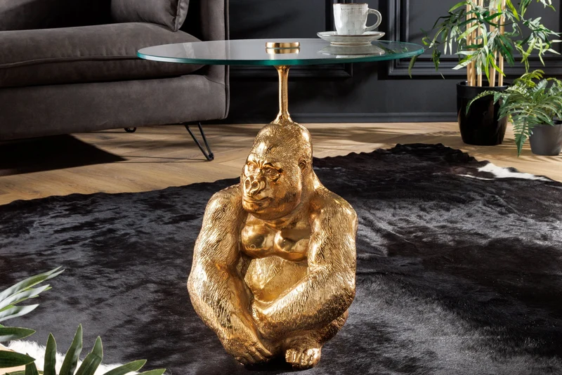 Table d'appoint ronde KONG 50cm métal doré verre figurine singe sculpture gorille