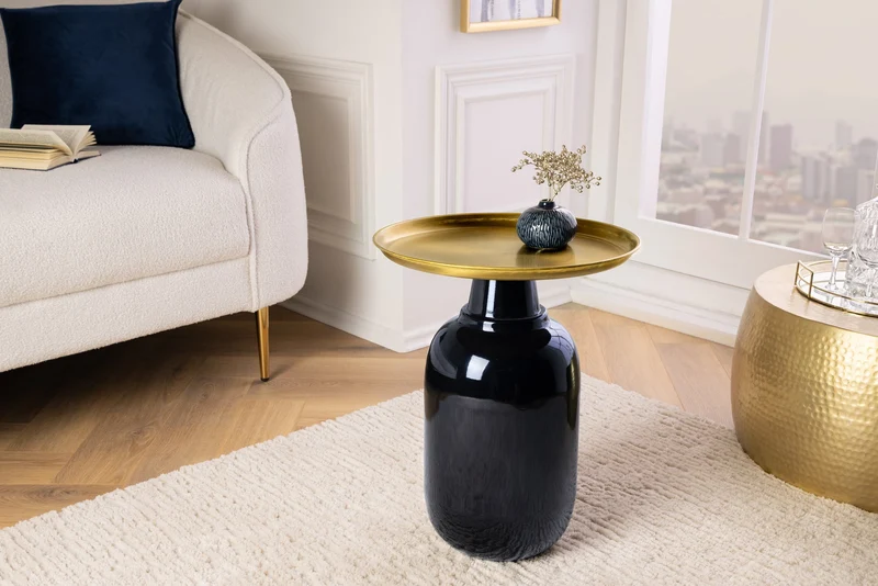 Table d'appoint ronde ELEGANCIA 50cm métal doré antique noir fer fait main