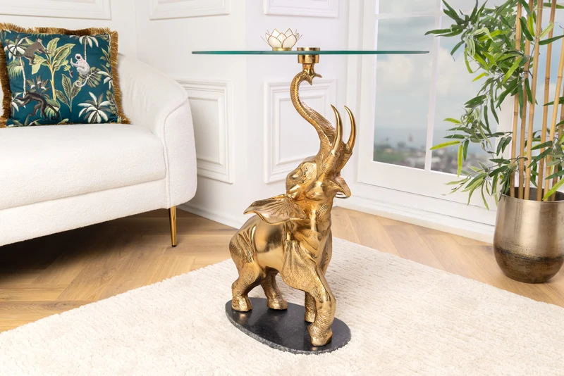 Table d'appoint ronde ELEPHANT 80cm métal doré verre marbre sculpture fait main