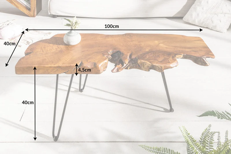 Table basse WILD 100 cm en teck massif avec pieds en épingle à cheveux