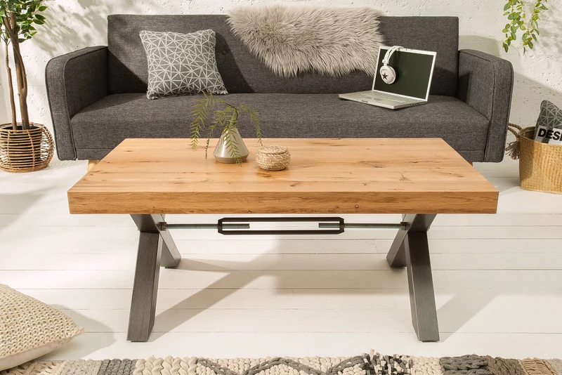 Table basse en bois massif THOR 110cm chêne sauvage huilé structure en X métal anthracite Design industriel
