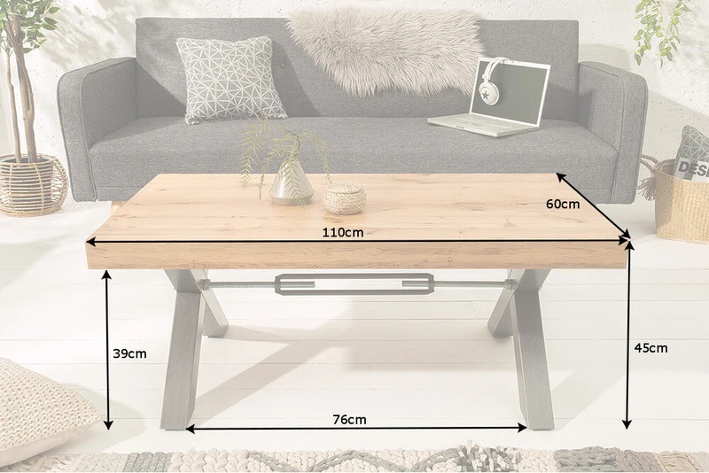 Table basse en bois massif THOR 110cm chêne sauvage huilé structure en X métal anthracite Design industriel