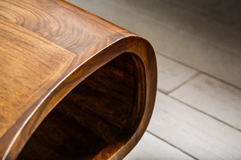 Table basse rétro ORGANIC LIVING 90cm marron bois massif de Sheesham finition pierre espace de rangement