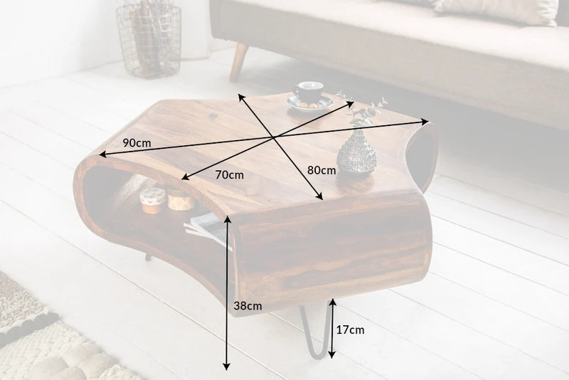 Table basse rétro ORGANIC LIVING 90cm marron bois massif de Sheesham finition pierre espace de rangement