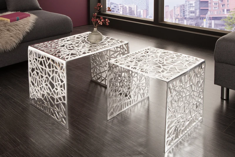 Table basse artisanale ABSTRACT 49cm lot de 2 argent au design Gap