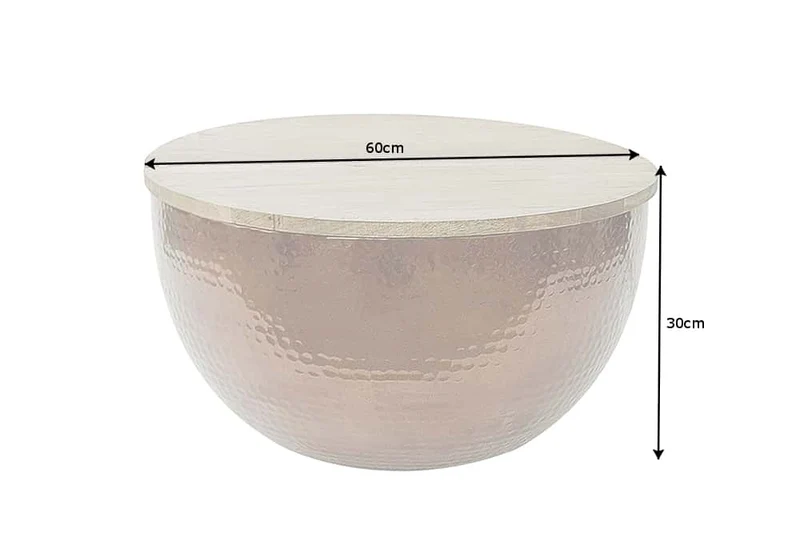 Table basse ronde ORIENT STORAGE 60cm en bois d'acacia martelé cuivré fait main avec espace de rangement