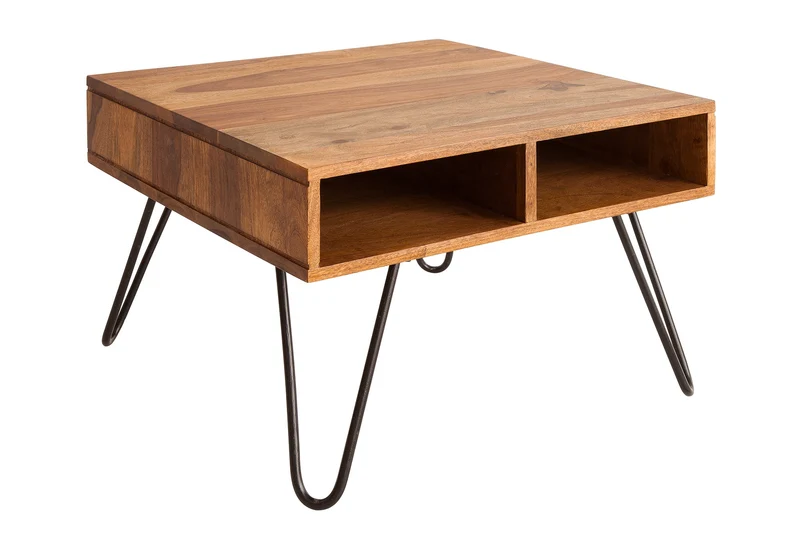 Table basse en bois massif SCORPION 60cm marron Finition pierre de Sheesham Espace de rangement Pieds épingles