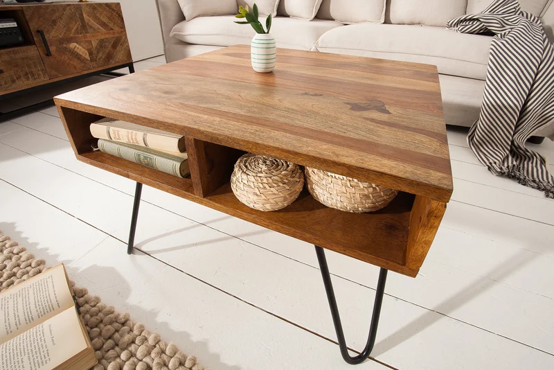 Table basse en bois massif SCORPION 60cm marron Finition pierre de Sheesham Espace de rangement Pieds épingles