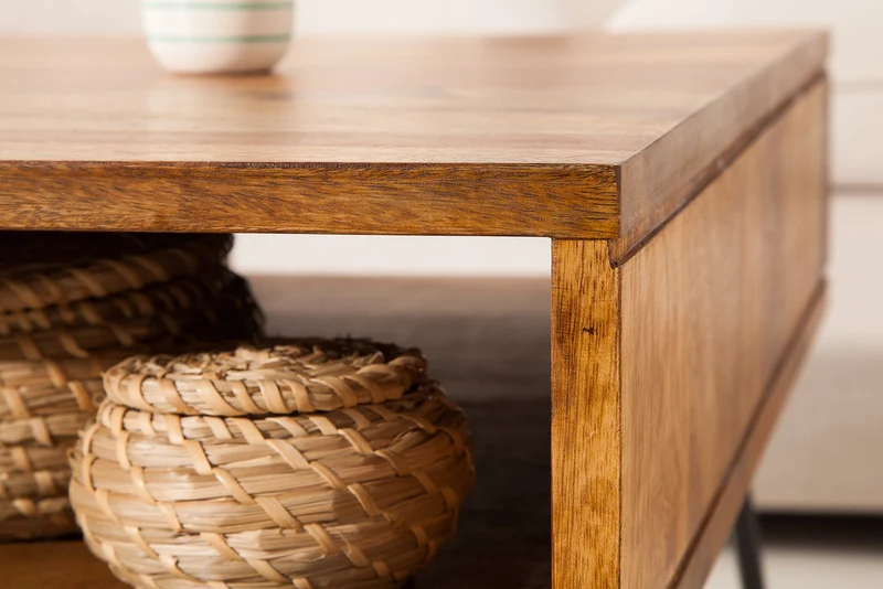 Table basse en bois massif SCORPION 60cm marron Finition pierre de Sheesham Espace de rangement Pieds épingles