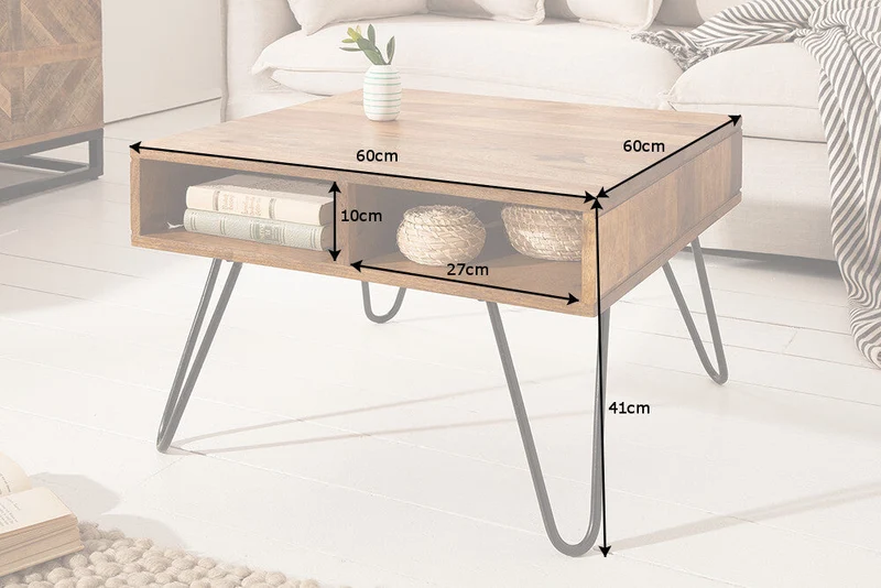 Table basse en bois massif SCORPION 60cm marron Finition pierre de Sheesham Espace de rangement Pieds épingles
