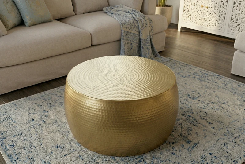 Table basse ronde ORIENT III 60cm métal doré martelé design fait main