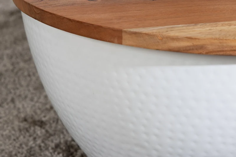 Table basse ronde ORIENT STORAGE 60cm en bois d'acacia blanc avec espace de rangement martelé fait main