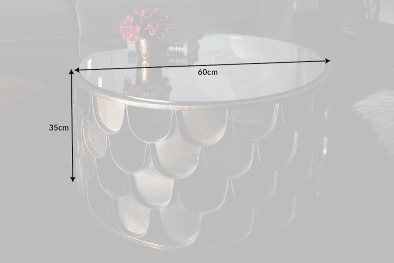 Table basse ronde ABSTRACT 60cm laiton antique métal verre design industriel écailles de poisson