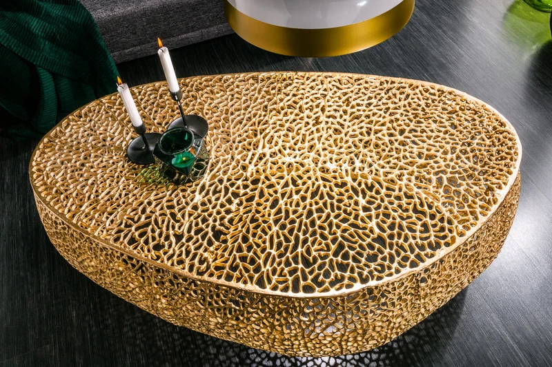 Table basse design filigrane ABSTRACT LEAF 120cm or fait main