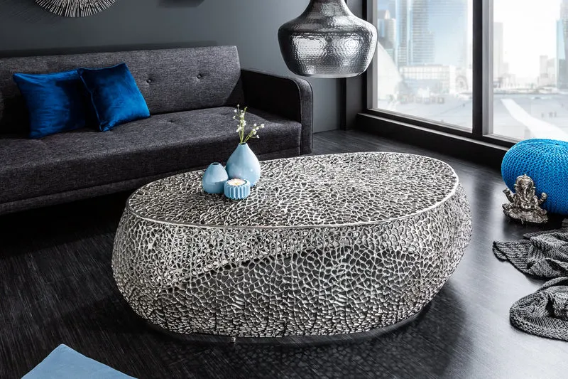 Table basse design filigrane ABSTRACT LEAF 120cm argent fait main