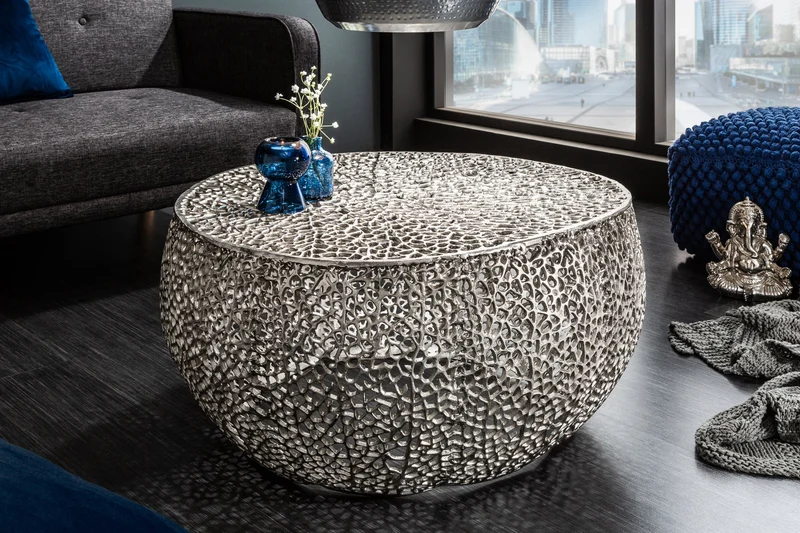 Table basse design filigrane ABSTRACT LEAF 80cm argent fait main