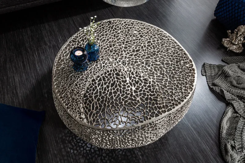 Table basse design filigrane ABSTRACT LEAF 80cm argent fait main