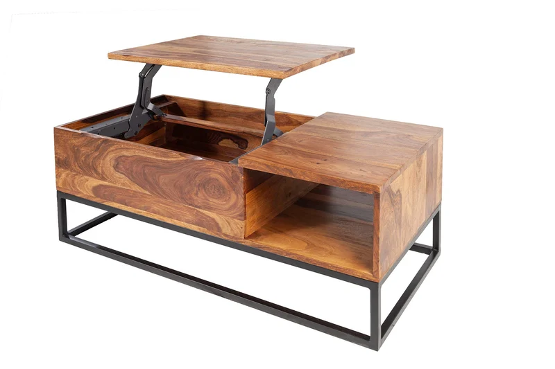 Table basse réglable en hauteur MAKASSAR FUNCTION 110cm en bois massif de Sheesham marron finition pierre