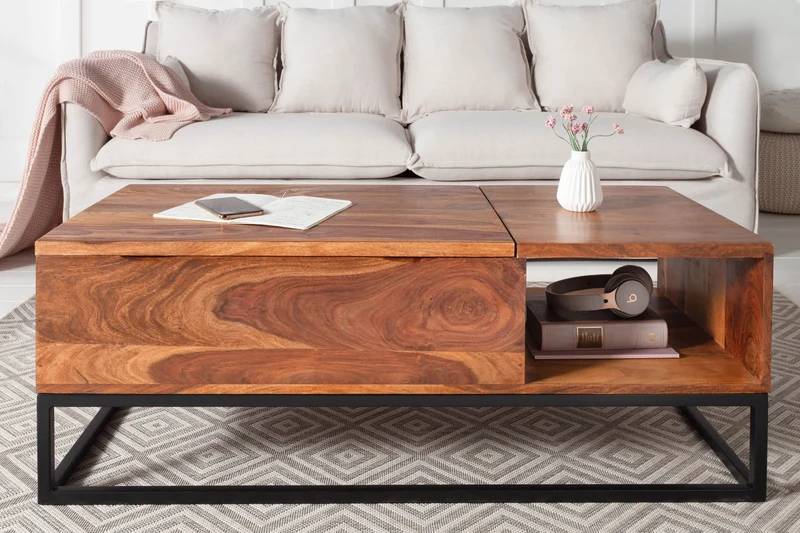 Table basse réglable en hauteur MAKASSAR FUNCTION 110cm en bois massif de Sheesham marron finition pierre
