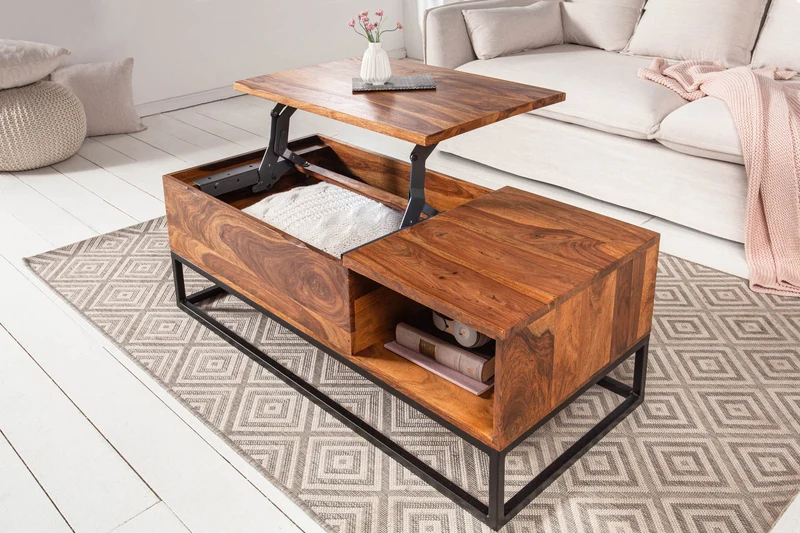 Table basse réglable en hauteur MAKASSAR FUNCTION 110cm en bois massif de Sheesham marron finition pierre