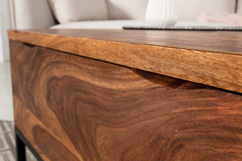 Table basse réglable en hauteur MAKASSAR FUNCTION 110cm en bois massif de Sheesham marron finition pierre