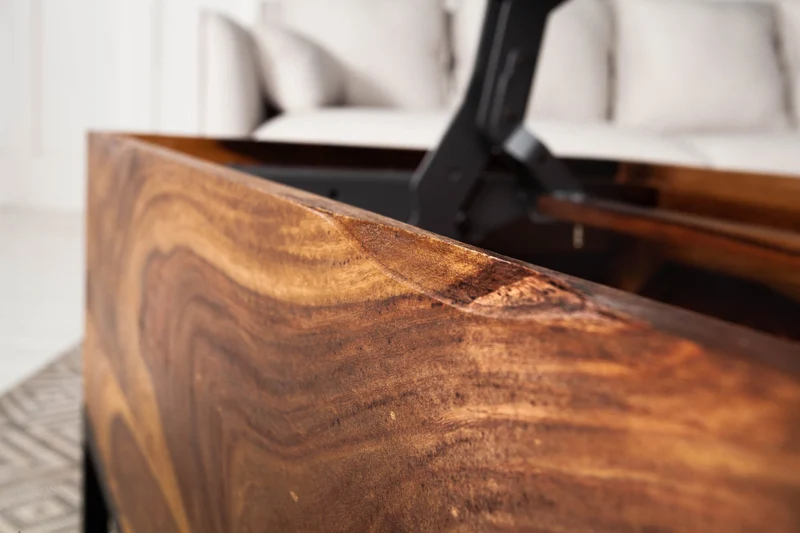 Table basse réglable en hauteur MAKASSAR FUNCTION 110cm en bois massif de Sheesham marron finition pierre