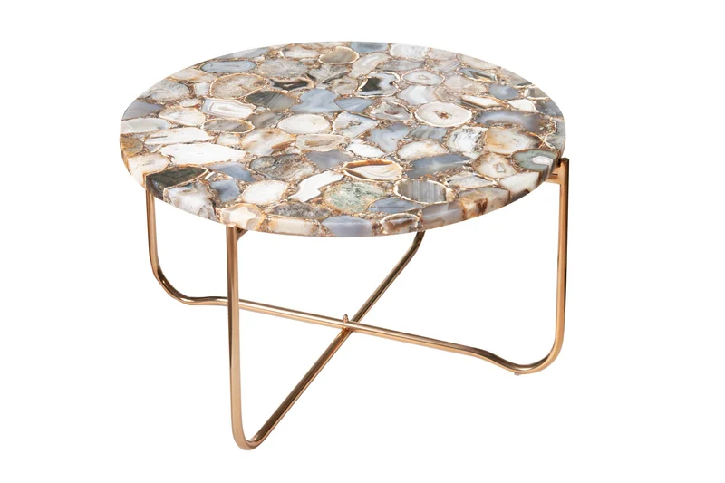 Table basse ronde NOBLE 65cm pierre précieuse agate plateau amovible structure métal doré