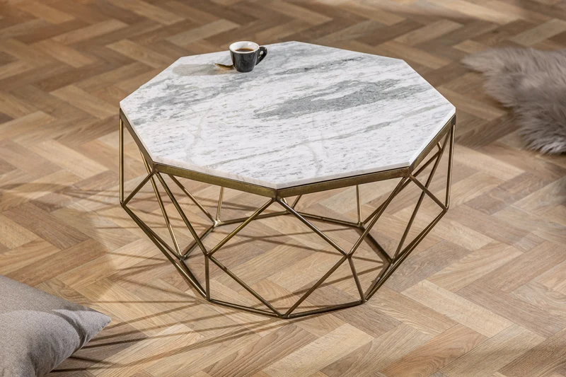 Table basse élégante DIAMOND 70cm en laiton blanc avec plateau en marbre