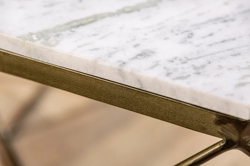 Table basse élégante DIAMOND 70cm en laiton blanc avec plateau en marbre