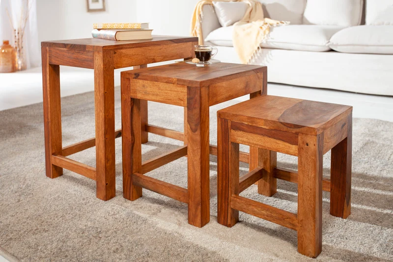 Ensemble de 3 tables d'appoint en bois massif MONSOON 45 cm Table basse en finition pierre de Sheesham marron