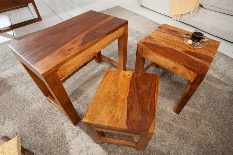 Ensemble de 3 tables d'appoint en bois massif MONSOON 45 cm Table basse en finition pierre de Sheesham marron