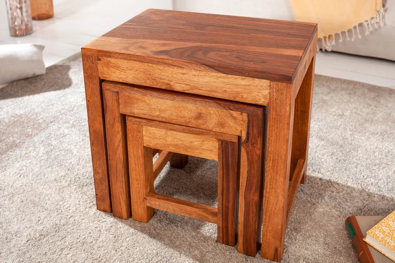 Ensemble de 3 tables d'appoint en bois massif MONSOON 45 cm Table basse en finition pierre de Sheesham marron