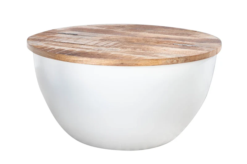 Table basse ronde INDUSTRIAL STORAGE 60cm blanche en bois de manguier naturel avec espace de rangement fait main