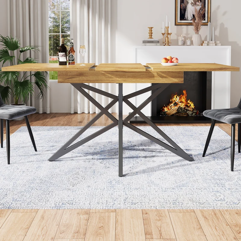 Table de salle à manger extensible effet bois, pieds étoile métal noir, 120-160x80 cm ARMOIREFLOW