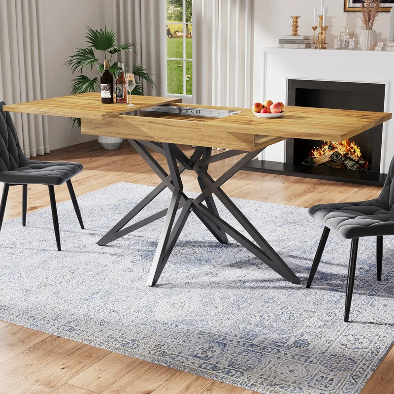 Table de salle à manger extensible effet bois, pieds étoile métal noir, 120-160x80 cm ARMOIREFLOW