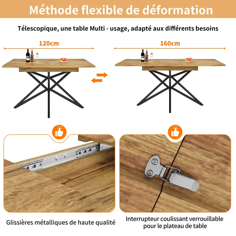 Table de salle à manger extensible effet bois, pieds étoile métal noir, 120-160x80 cm ARMOIREFLOW